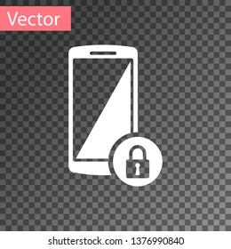 White Smartphone with closed padlock icon isolated on transparent background. Phone with lock. Mobile security, safety, protection concept. Vector Illustration