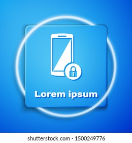 White Smartphone with closed padlock icon isolated on blue background. Phone with lock. Mobile security, safety, protection concept. Blue square button. Vector Illustration