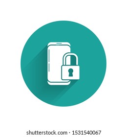 White Smartphone with closed padlock icon isolated with long shadow. Phone with lock. Mobile security, safety, protection concept. Green circle button. Vector Illustration