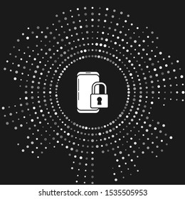 White Smartphone with closed padlock icon isolated on grey background. Phone with lock. Mobile security, safety, protection concept. Abstract circle random dots. Vector Illustration