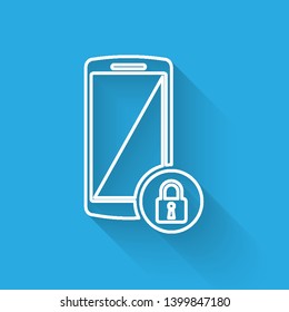 White Smartphone with closed padlock line icon isolated with long shadow. Phone with lock. Mobile security, safety, protection concept. Vector Illustration