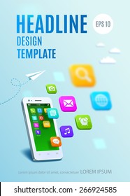 White smartphone with cloud of application colorful icons. Vector template design cover book, flyer, poster