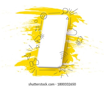 White smartphone with cloud of application outline icons. Vector template design cover book, flyer, poster.