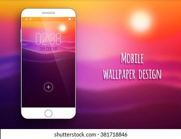 White smartphone with colorful wallpaper of nature on soft background.