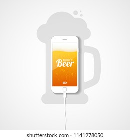 A white smartphone with a connected wire lies on the plane. The screen shows a beer with bubbles and foam. Silhouette of a glass of beer. Vector illustration.