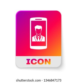 White Smartphone with contact on screen icon isolated on white background. Incoming call. Human on phone screen. Call contact. Rectangle color button. Vector Illustration