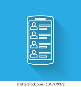 White Smartphone with contacts on screen icon isolated with long shadow. Incoming call. People on phone screen. Call contact. Vector Illustration