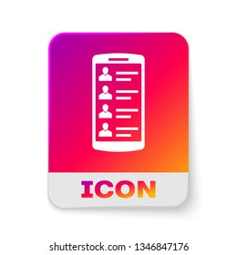White Smartphone with contacts on screen icon isolated on white background. Incoming call. People on phone screen. Call contact. Rectangle color button. Vector Illustration