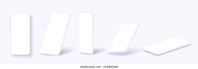 A white smartphone. Device UI, UX, mockup for presentation template. Realistic 3d mobile phone in different angles, frameless empty mobile phones. 3d isometric illustration cell phone