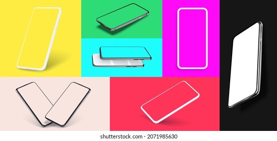 White smartphone display screen in the rotated position on different fashionable and modern backgrounds. Communication mean, modern gadget model presentation. Vector illustration