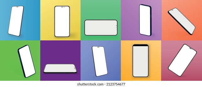 White smartphone display screen in the rotated position on different fashionable and modern backgrounds. Communication mean, modern gadget model presentation. Vector illustration