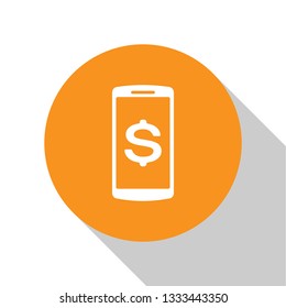 White Smartphone with dollar symbol icon isolated on white background. Online shopping concept. Financial mobile phone icon. Online payment icon. Orange circle button. Flat design. Vector Illustration