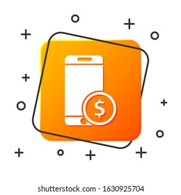 White Smartphone with dollar symbol icon isolated on white background. Online shopping concept. Financial mobile phone. Online payment. Orange square button. Vector Illustration