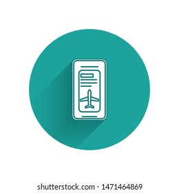 White Smartphone with electronic boarding pass airline ticket icon isolated with long shadow. Passenger plane mobile ticket for web and app. Green circle button. Vector Illustration