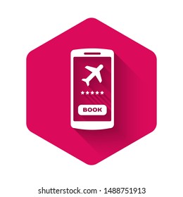White Smartphone with electronic boarding pass airline ticket icon isolated with long shadow. Passenger plane mobile ticket for web and app. Pink hexagon button. Vector Illustration
