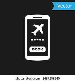 White Smartphone with electronic boarding pass airline ticket icon isolated on black background. Passenger plane mobile ticket for web and app.  Vector Illustration