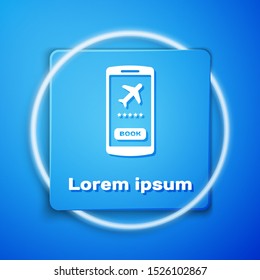 White Smartphone with electronic boarding pass airline ticket icon isolated on blue background. Passenger plane mobile ticket for web and app. Blue square button. Vector Illustration