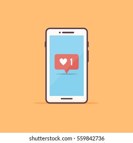 White Smartphone with favorite like notification message on screen. Vector illustration in simple flat style