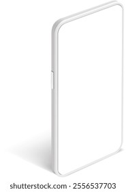 White smartphone featuring a blank screen and casting a shadow on a clean white background, offering ample opportunity for design or app presentation with a modern touch