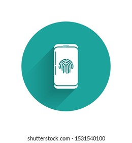 White Smartphone with fingerprint scanner icon isolated with long shadow. Concept of security, personal access via finger on mobile phone. Green circle button. Vector Illustration