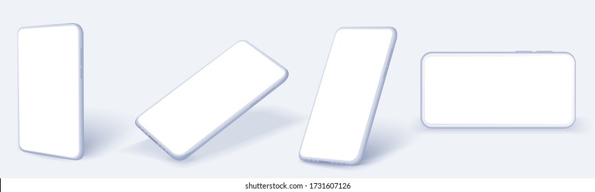 White Smartphone frame less blank screen, rotated position. Smartphone from different angles. Smart device collection with thin frame and blank screen isolated. Mockup for present site, app or ux/ui