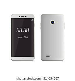 White smartphone from a front and back sides. Realistic smartphone illustration isolated on white background. Digital clock depicted on screen.