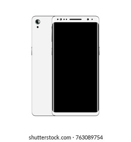 White smartphone front and back view isolated on white background. Mobile phone with blank screen. Cell phone mockup design. Vector illustration.