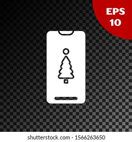 White Smartphone with gift box on the screen icon isolated on transparent dark background. Merry Christmas and Happy New Year.  Vector Illustration