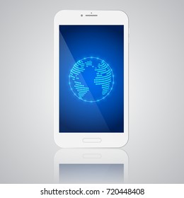 White smartphone with globe on the display on grey background, World communication concept. Vector illustration