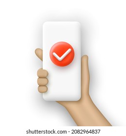 smartphone blanco con marca de verificación en pantalla. Plantilla de banner de marketing en línea. Ilustración vectorial.