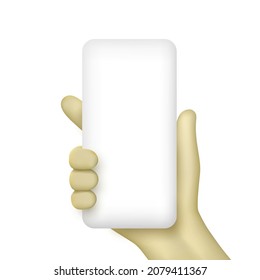 smartphone blanco en mano con un mínimo estilo de caricatura 3D. Ilustración vectorial.