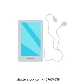White smartphone with headphones, earpieces, earphones, ear flaps. Mobile multimedia blue user interface on phone screen. Flat design style vector illustration
