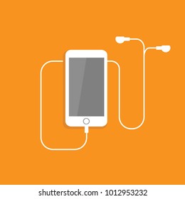 white smartphone with headphones. Flat vector icon isolated on orange color. mobile device. Listen sound sign. Music and volume symbol. Good for web and mobile, infographics. 