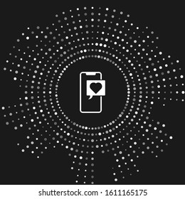 White Smartphone with heart emoji speech bubble get message on screen icon isolated on grey background. Valentines day. Abstract circle random dots. Vector Illustration