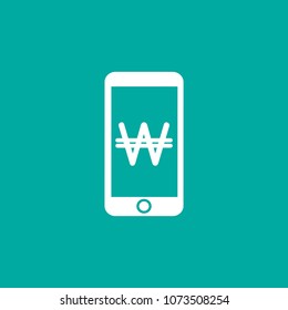 white smartphone with white korean won sign on screen. Flat vector icon isolated on powder blue color. mobile pay service. Good for web and mobile, infographics. 