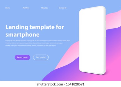 White smartphone landing page mockup. Frameless smartphones screen, mobile app presentation template and mobile phone vector illustration. Modern mobile software advertisement