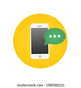 logotipo de smartphone blanco con notificación de mensajes en forma de burbuja verde y fondo de círculo amarillo
