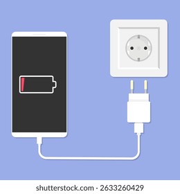 White smartphone with low battery notification icon and charging adapter. Vector illustration for representing concepts related to technology, battery management, and electronic device charging