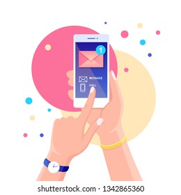 White smartphone with message notification on screen. Mobile phone alert about new email. Vector cartoon design