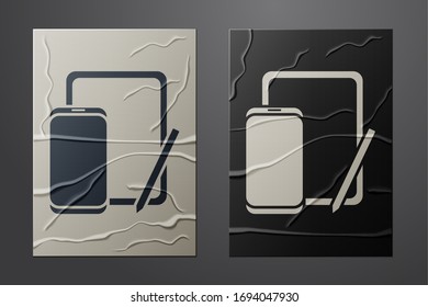 White Smartphone, mobile phone and graphic tablet icon isolated on crumpled paper background. Paper art style. Vector Illustration