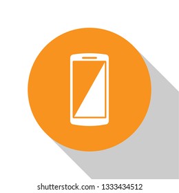 White Smartphone, mobile phone icon isolated on white background. Orange circle button. Flat design. Vector Illustration