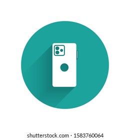White Smartphone, mobile phone icon isolated with long shadow. Green circle button. Vector Illustration