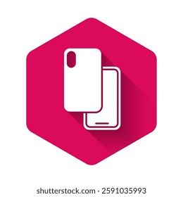 White Smartphone, mobile phone icon isolated with long shadow background. Pink hexagon button. Vector