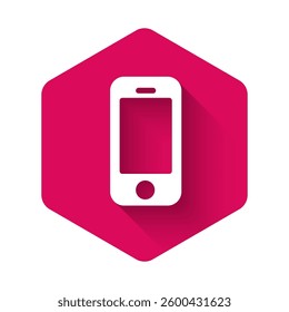 White Smartphone, mobile phone icon isolated with long shadow. Pink hexagon button. Vector