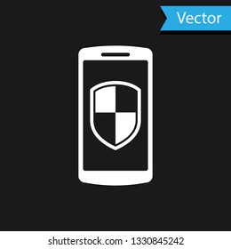 White Smartphone, mobile phone with security shield icon isolated on black background. Vector Illustration