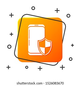 White Smartphone, mobile phone with security shield icon isolated on white background. Security, Security, safety, protection concept. Orange square button. Vector Illustration