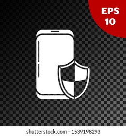 White Smartphone, mobile phone with security shield icon isolated on transparent dark background. Security, Security, safety, protection concept.  Vector Illustration