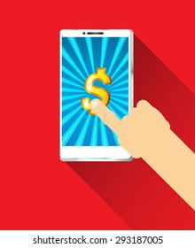 white smartphone. mobile smart phone, finger touching business screen. design concept. smartphone. red backgruond