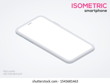 White smartphone mock up in isometric style with blank screen isolated. Mobile phone template for ux app and web presentation. Perspective view of vector cell isometric mobile  device illustration.