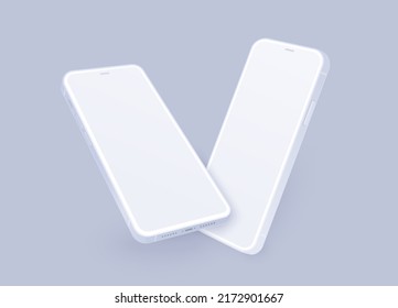 White smartphone mockup. 3D clay mobile template isolated in perspective view. Realistic white phone set with blank screen for show your user interface app design, media or promo, vector illustration.